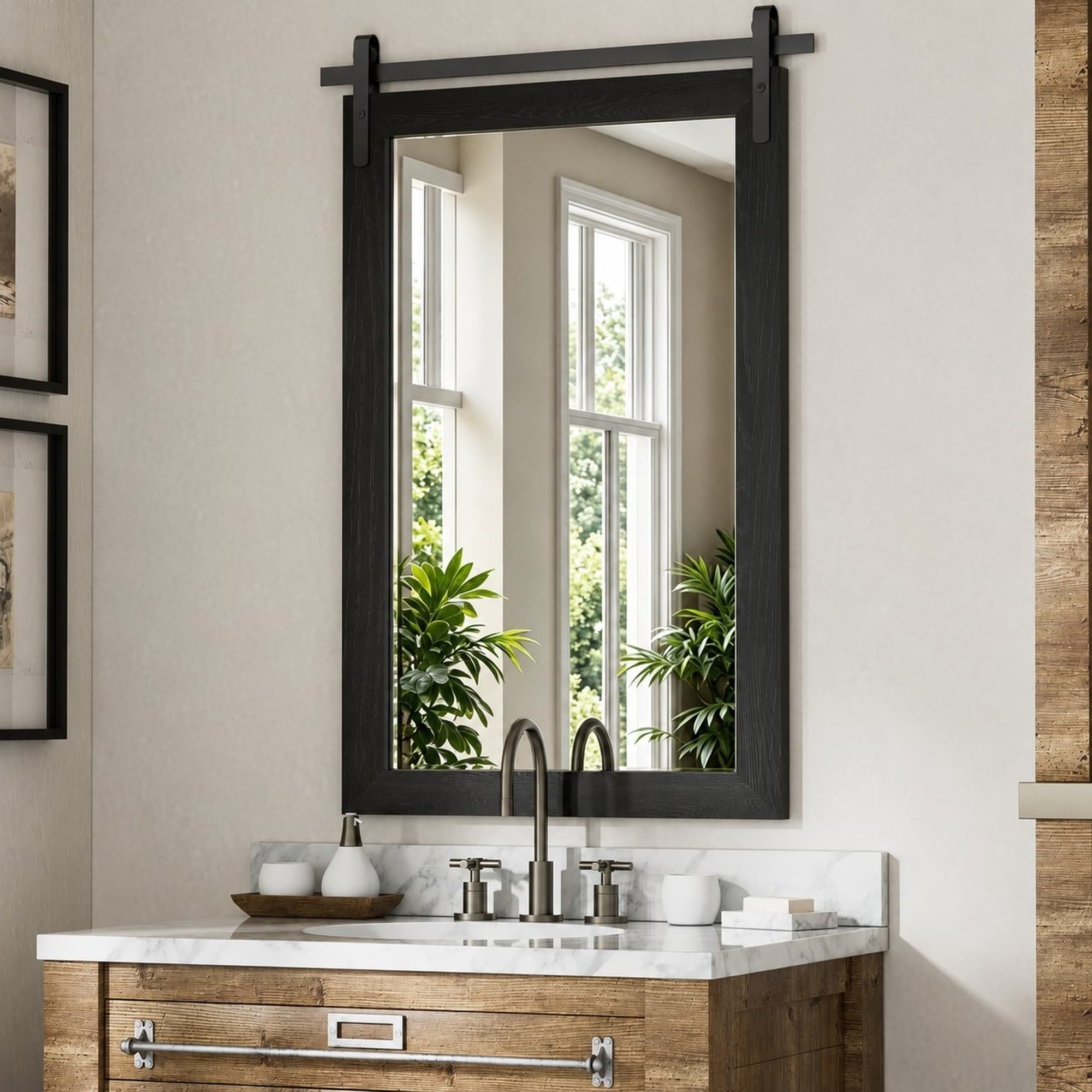 Farmhouse Barn Door Wall Mirror with Solid Wood Frame