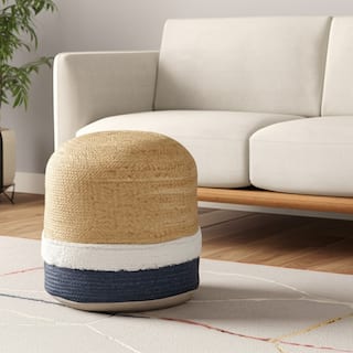 HomeRoots 18" Natural And Navy Blue Jute Blend Cylinder Striped Pouf Ottoman