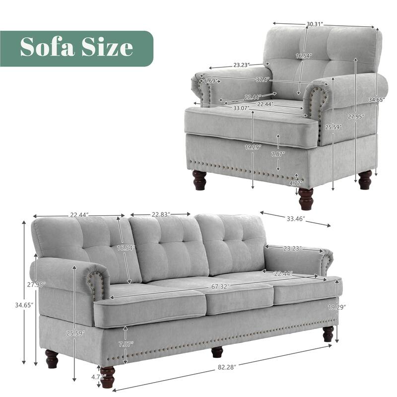 Set of 2 Pieces, A 3-seat Sofa and An Armchair, Chenille Sofa Set for Living Room