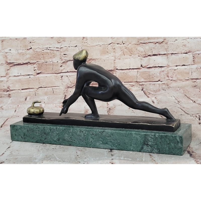 Bronze Curling Player Sculpture – Sports Themed Artwork On Marble Base