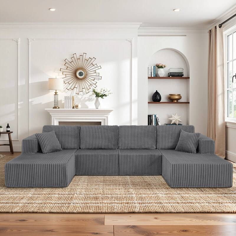 U-Shaped Modular Sectional Sofa with Dual Chaise Lounges, Oversized Corduroy Boneless Couch, Compressed Sofa with Pillows - Dark Gray