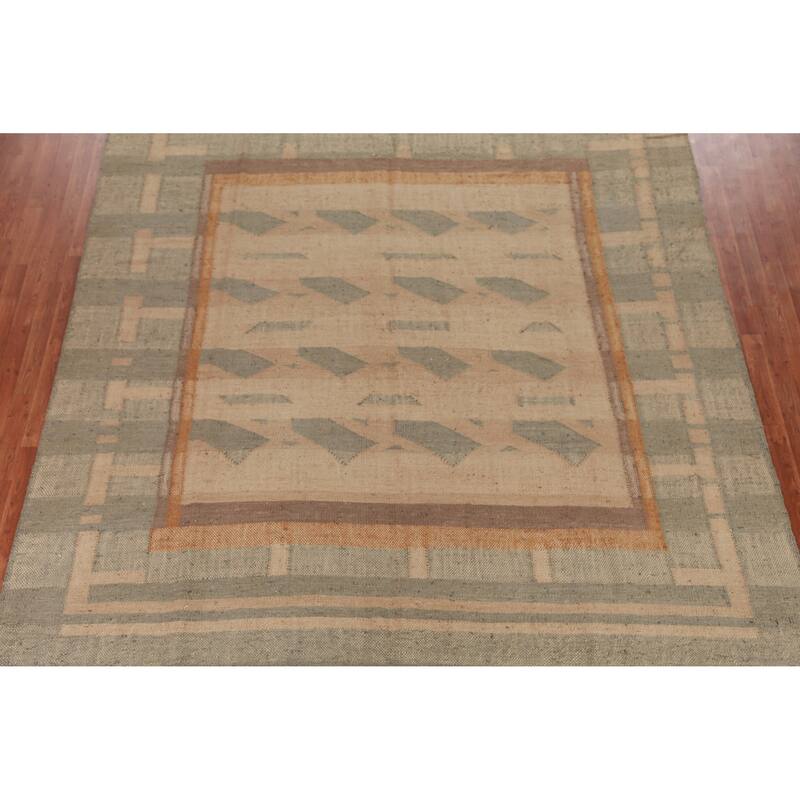 Hand Woven Oriental 100% Jute Carpet Southwestern Modern Beige & Ivories Kilim Area Rug - 11' 8'' X 9' 3''
