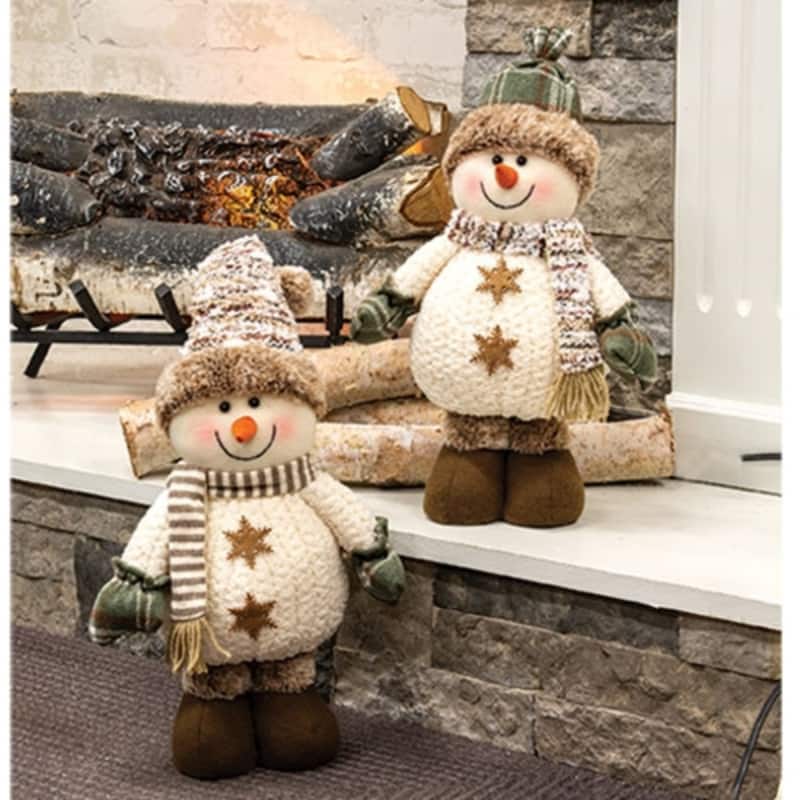 Cozy Brown Standing Snowmen Decor with Plush Hats and Knit Sweaters and Scarves 2 Asstd - 20" H x 10" W x 5" D