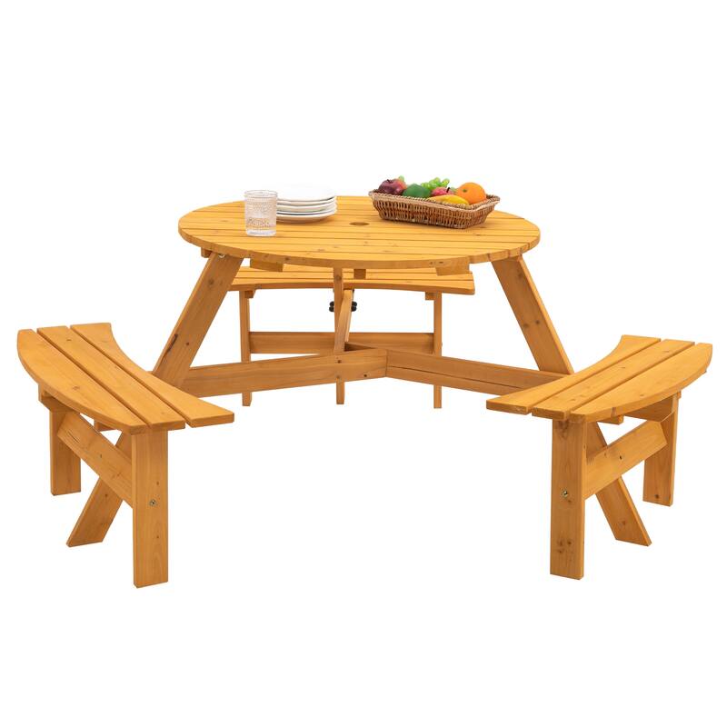 6 Seater Round Dining Table Set with 3 Built-in Benches, Outdoor Courtyard Wooden Picnic Table for Patio, Lawns, Garden