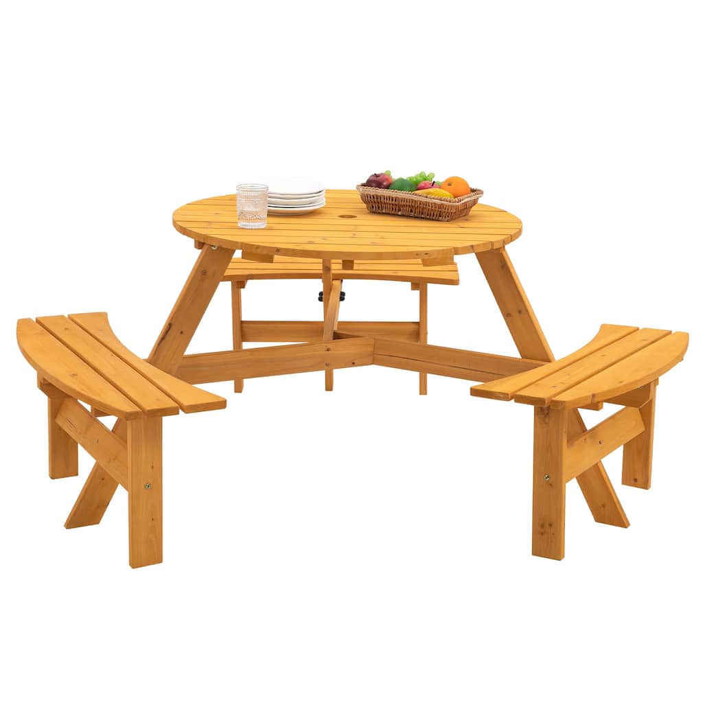 Anmytek Heavy Duty 6-Person Circular Outdoor Wooden Picnic Table 3 Built-in Benches 1720lb Capacity DIY
