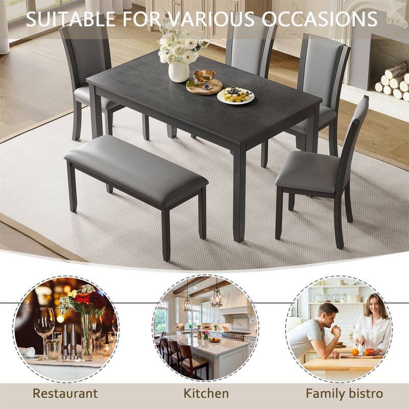 6-Piece Wooden Dining Table Set with Bench and Chairs for Dining Room