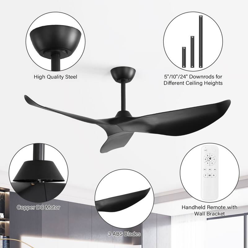 38''/52" Modern Ceiling Fan without Light, Remote Control and Reversible DC Motor Included