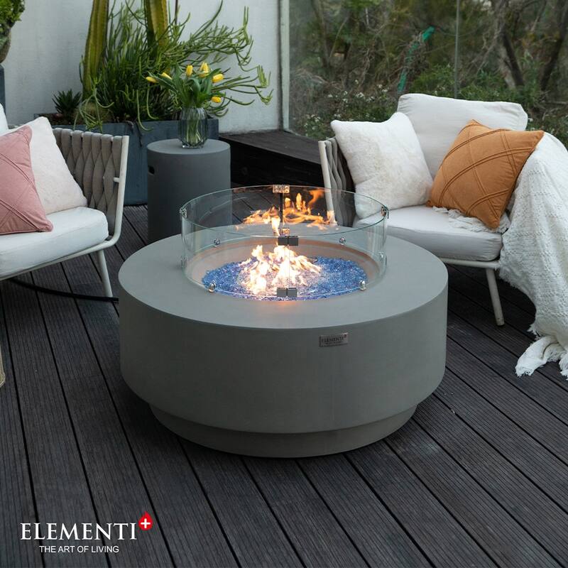 Elementi Plus Colosseo Outdoor Fire Pit Table Concrete Round 60000 BTU - 40.9 x 40.9 inches with Lid, Fire Glass, and Cover