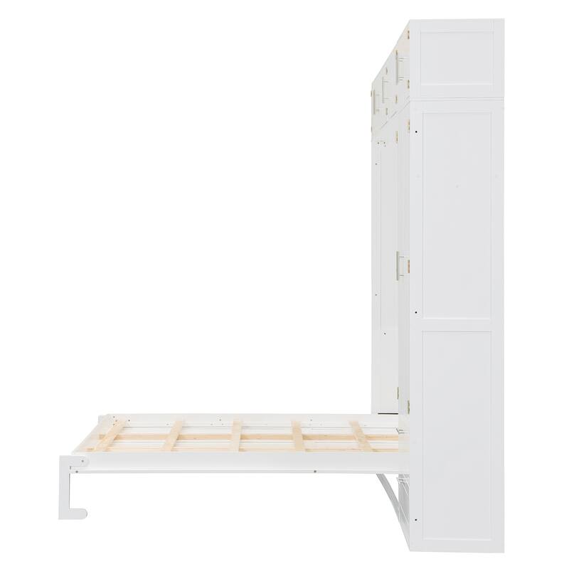 All-in-one Bookcase Murphy Bed Wood Foldable Hidden Bed Wall Platform Bedframe Chest Queen Bed wTop Cabinet & Storage Headboard