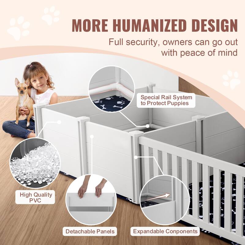 White PVC Double Room Whelping Box with Rails Pee Pad Ideal for Indoor Dogs