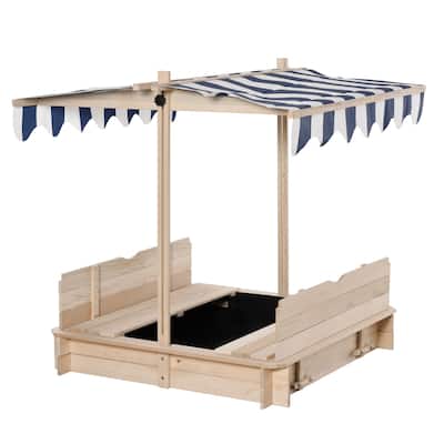 Wooden Kids Sandbox with Cover, Children Outdoor Sand Box with Foldable Bench Seats, Adjustable Canopy, Bottom Liner