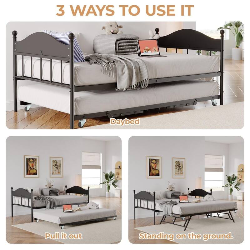 Twin Metal Daybed with Pop-Up Trundle, Lockable Casters