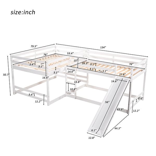 dimension image slide 1 of 2, Full and Twin Size L-Shaped Bunk Bed with Slide and Short Ladder,Easy Assembly,White