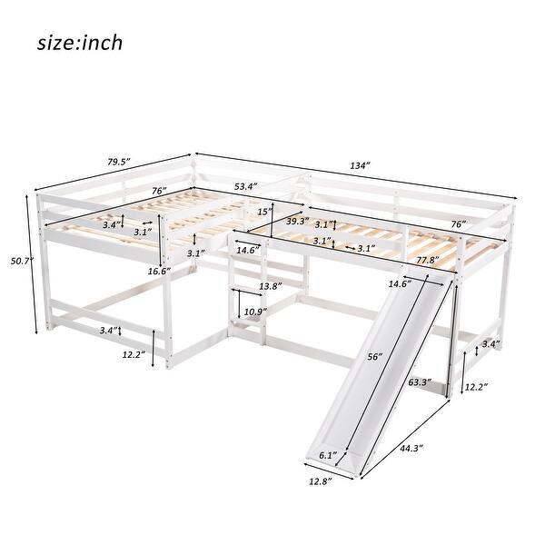 dimension image slide 1 of 2, Wood Full and Twin Size L-Shaped Bunk Bed with Slide and Short Ladder, Bunk Bed Frame with Slats Support, No Box Spring Needed