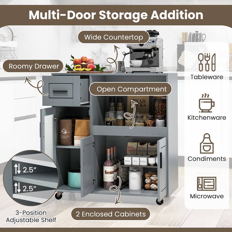 Gymax Kitchen Island Cart on Wheels Microwave Cabinet w/ Frosted