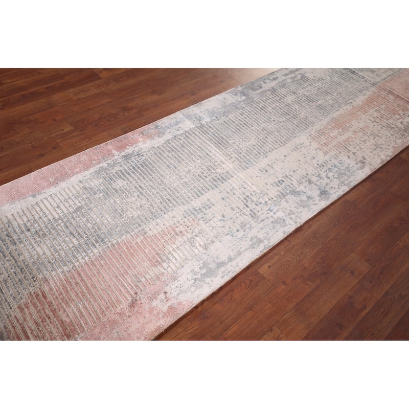 Striped Abstract Indian Runner Rug Hand-Knotted Wool Carpet - 2'7"x 9'7"