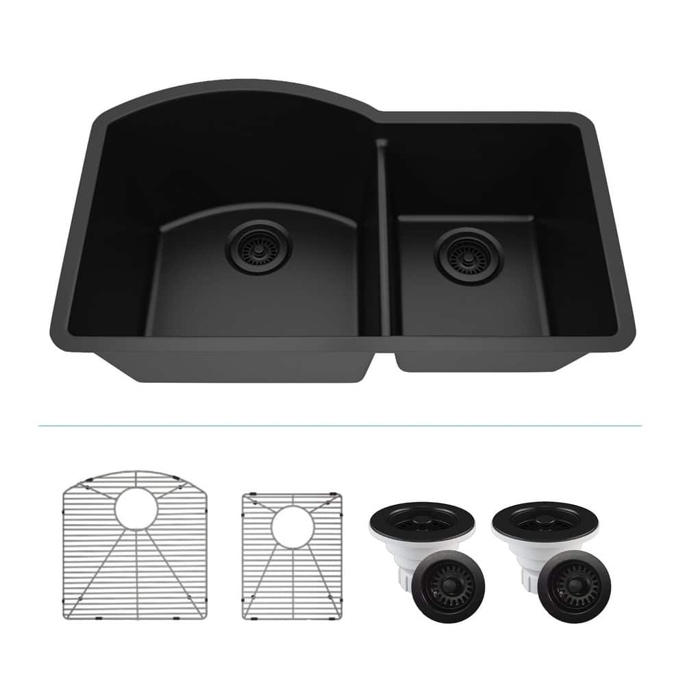 Lexicon Platinum Quartz 32 Inch 70/30 Double Bowl Kitchen Sink with Bottom Grids and Strainers and Disposal Flange