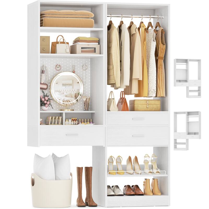 Set of 2 Closet System with Hanging Rod and Shoe Rack,Walk-in Closet Organizer with Drawers and Magnetic Pegboard - White
