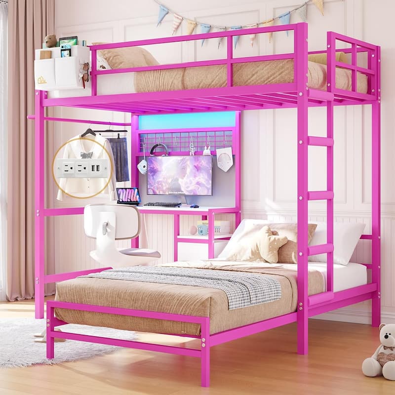 Bunk Bed Twin Over Twin Size with Desk Charging Station L-Shaped Metal
