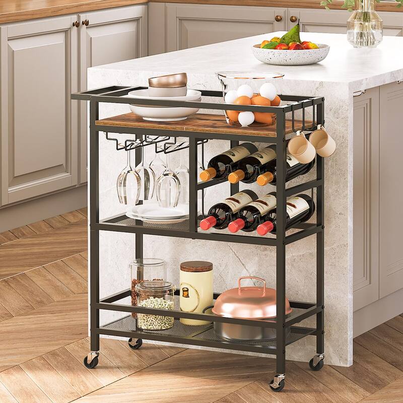 3-Tier Home Bar Serving Cart with Handle, Wine Rack, and Glass Holders