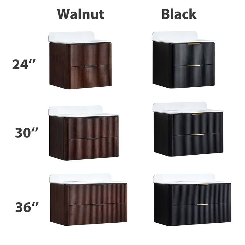 Modland Fluted Floating Vanity with Sink, Plywood Wall Mount Cabinet, Curved Edge, 24/30/36 Inch