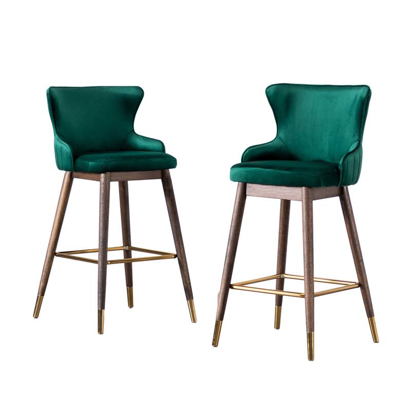 Velvet Fabric Upholstered Wingback Bar Stools Set of 2, Counter Height Bucket Barstools with Footrest for Kitchen, Dining Room