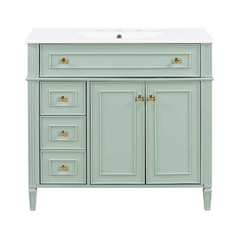 Modern 36 Inch Bathroom Vanity with Ceramic Sink, Solid Wood Frame Bathroom Storage Cabinet with Drawers and Gold Handles