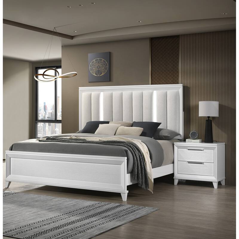 Contemporary White Textured Finish 2-Drawer Storage Nightstand Wooden Bedroom Furniture