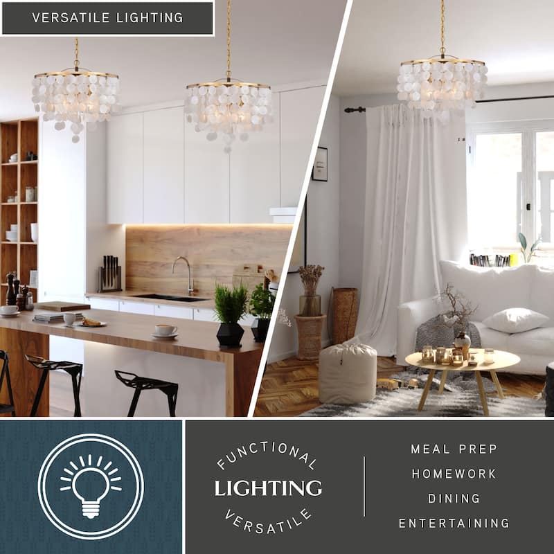 Elsa 3 Light Gold Brass Modern Coastal Glam Pendant Fixture with Capiz Shells - 19.75-in W x 18.5-in H x 19.75-in D