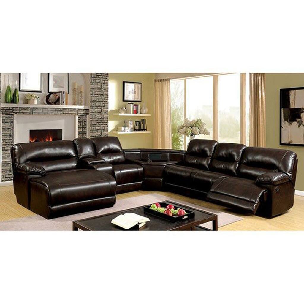 7 Piece Leatherette Sectional Sofa With Console, Dark Brown