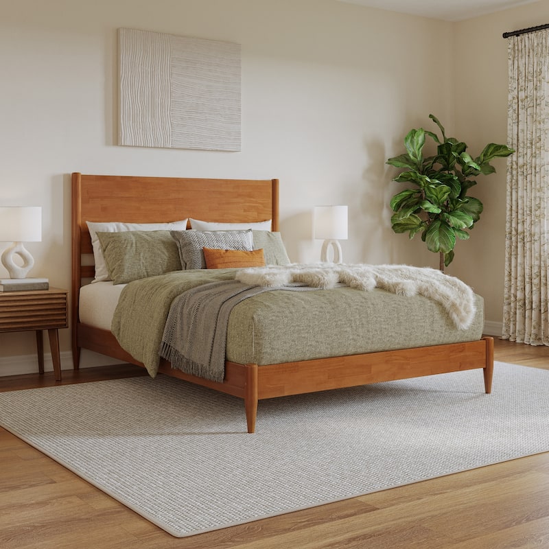 Solid Wood Low Profile Platform Bed - Modern Bedroom Bed Frame - Light Toffee Finish