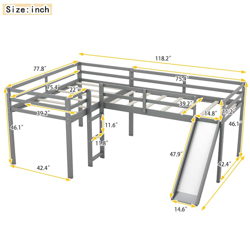 L-Shaped Twin Size Loft Platform Bed Frame with Ladder and Slide, Space-Saving Design with Fun Features for Kids Bedrooms