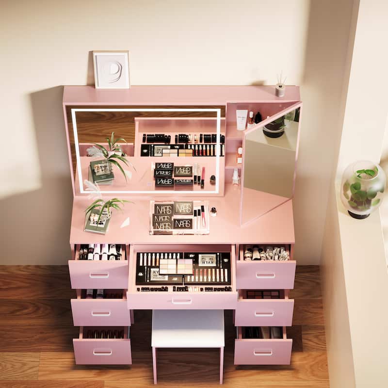 Vanity Set with Lighted Mirror,Extra Large Mirror Makeup Vanity Table with 7 Drawers,white