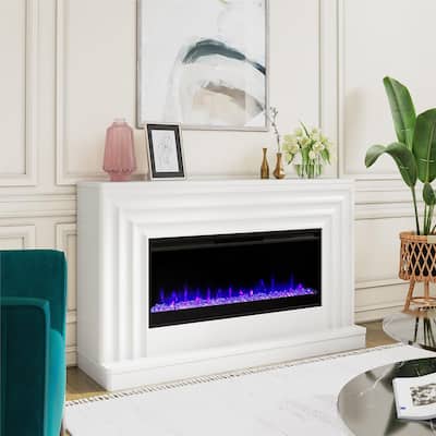 CosmoLiving by Cosmopolitan Rene Electric Fireplace Mantel 65" TV Stand with Multi-Color Flame and Crystal Ember Bed , White