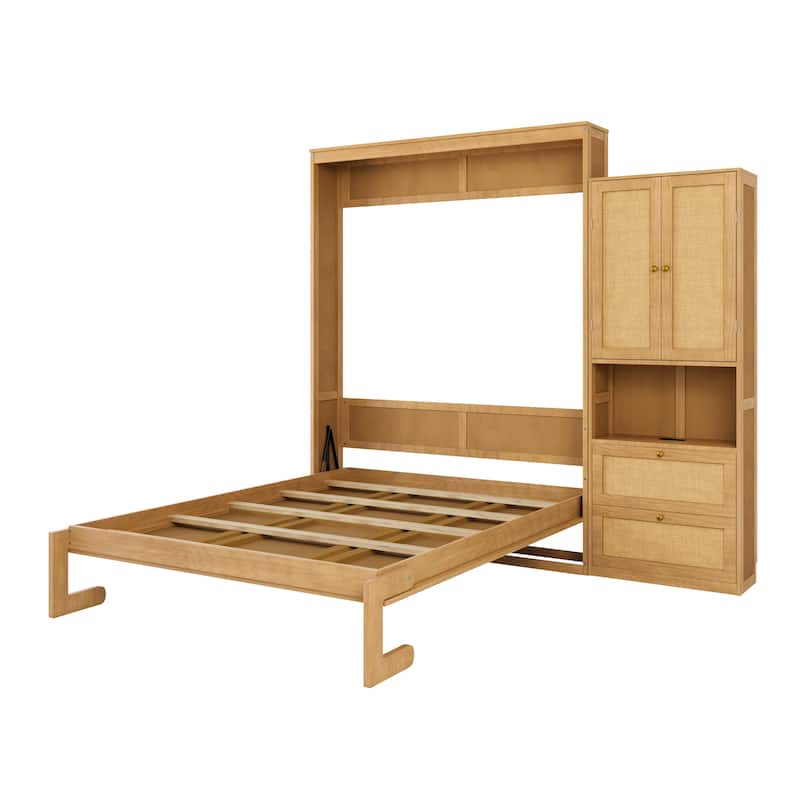 Foldable Bed Convert Cube Cabinet Rattan Murphy Bed Space-Saving Bed