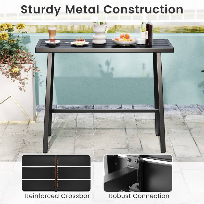 Black Metal Patio Counter Height Bar Table, Sturdy, Adjustable, Modern Design - 46" x 18" x 36" (L x W x H)