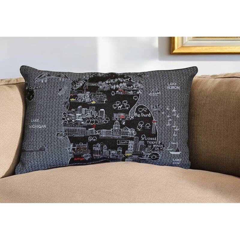 HomeRoots 25" Black Michigan Lower Peninsula Nighttime Skyline Lumbar Decorative Pillow - Bed Rest - Polyester