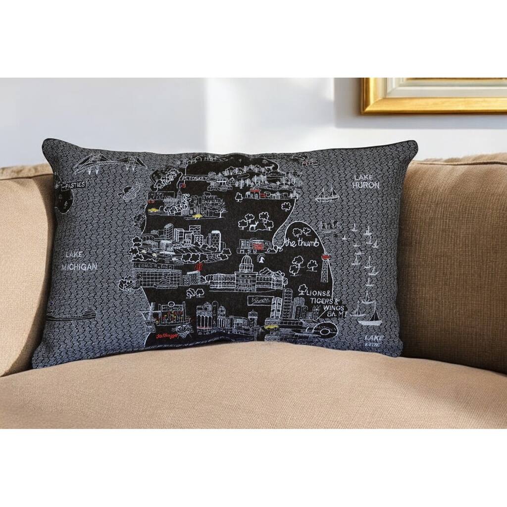 HomeRoots 25" Black Michigan Lower Peninsula Nighttime Skyline Lumbar Decorative Pillow