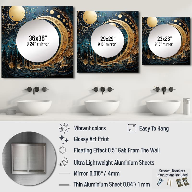 Designart "Moon Blue And Gold Cerulean Cycle Dreams I" Moon Wall Mirror Fantasy Large Square Printed Mirror For Hallway