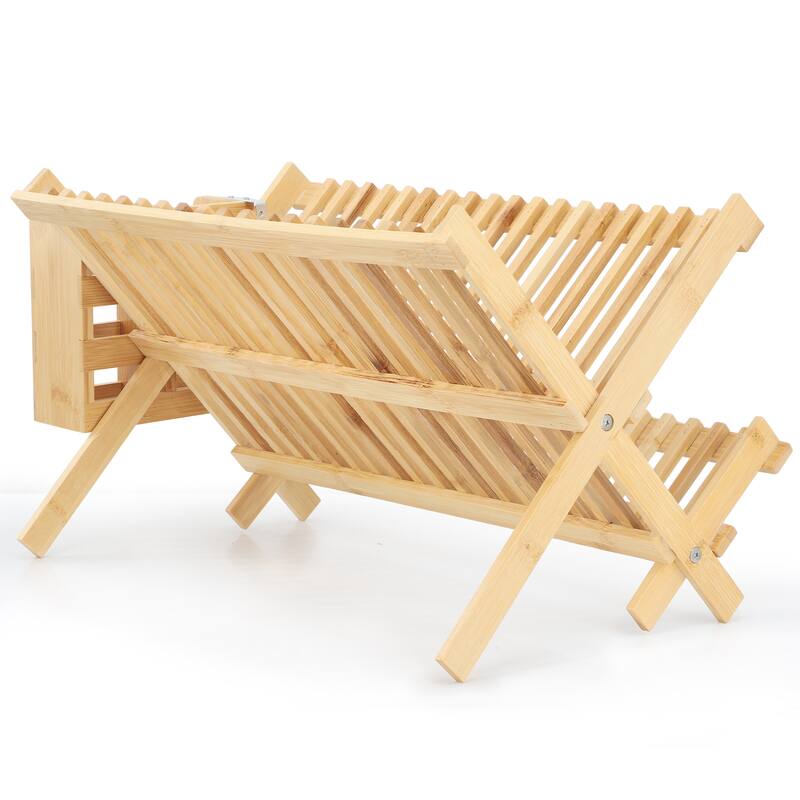 MegaChef 2-Tier Collapsible Kitchen Bamboo Drying Dish Rack with Utensil Holder