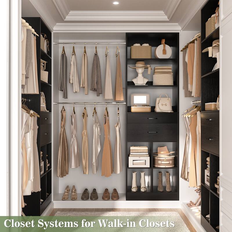 66''-100'' Walk-in Closet Organizer with 5 Hanging Rods and 2 Wooden Drawers，4-8FT Sturdy Closet System with Storage Shelves
