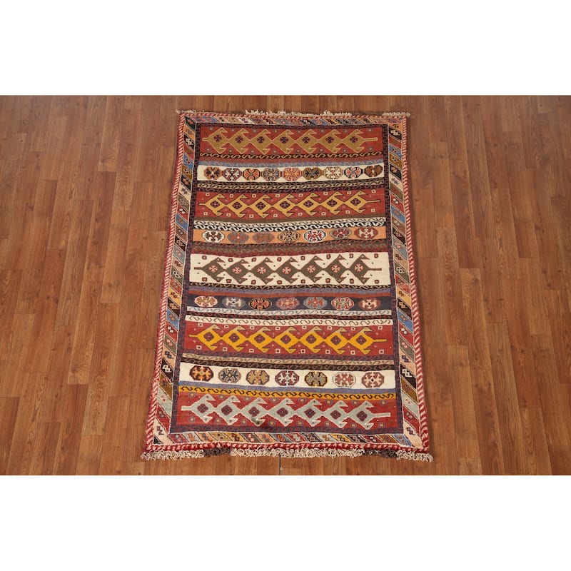 Tribal Shiraz Kashkoli Persian Vintage Area Rug Handmade Wool Carpet - 3'6"x 5'2"