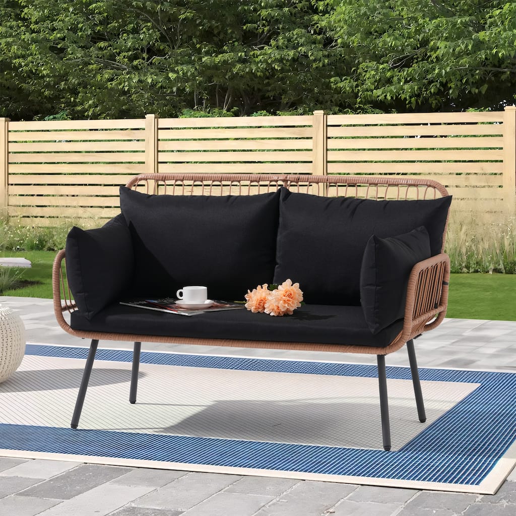 Outdoor Wicker Double Chair with Cushions Conversation Furniture Set