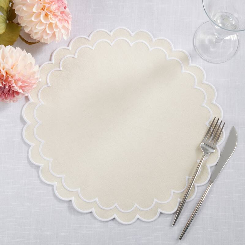 Scalloped Cotton Placemats (Set of 4) - Layered Wavy Edge Round Table Placemats for Dining, Entertaining & Everyday Table, 15"
