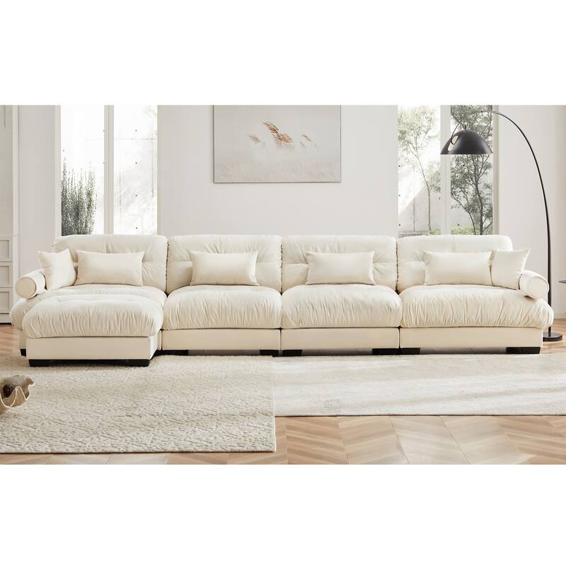 Modern Sectional Couch Comfortable Upholstered Sofa Set with Lumbar Pillow and Throw Pillow for Living Room - 4 Seats + 1 Ottoman - Cream