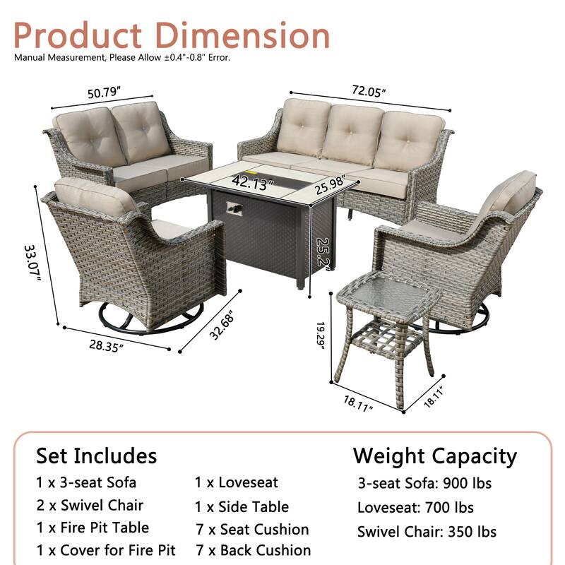 OVIOS 6 Pieces Outdoor Wicker Curved Swivel Chair Set With Fire Table