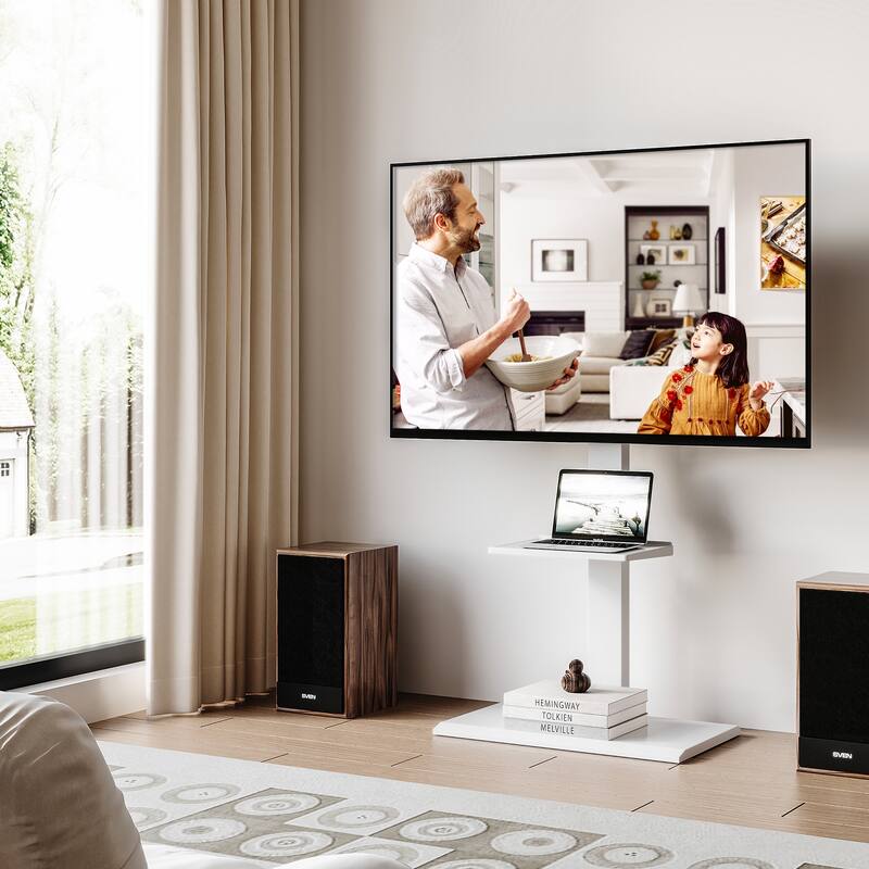 FITUEYES Modern Universal Floor TV Stand for TVs up to 80 inch Iron Base,Hold Up To 110 Lbs - White