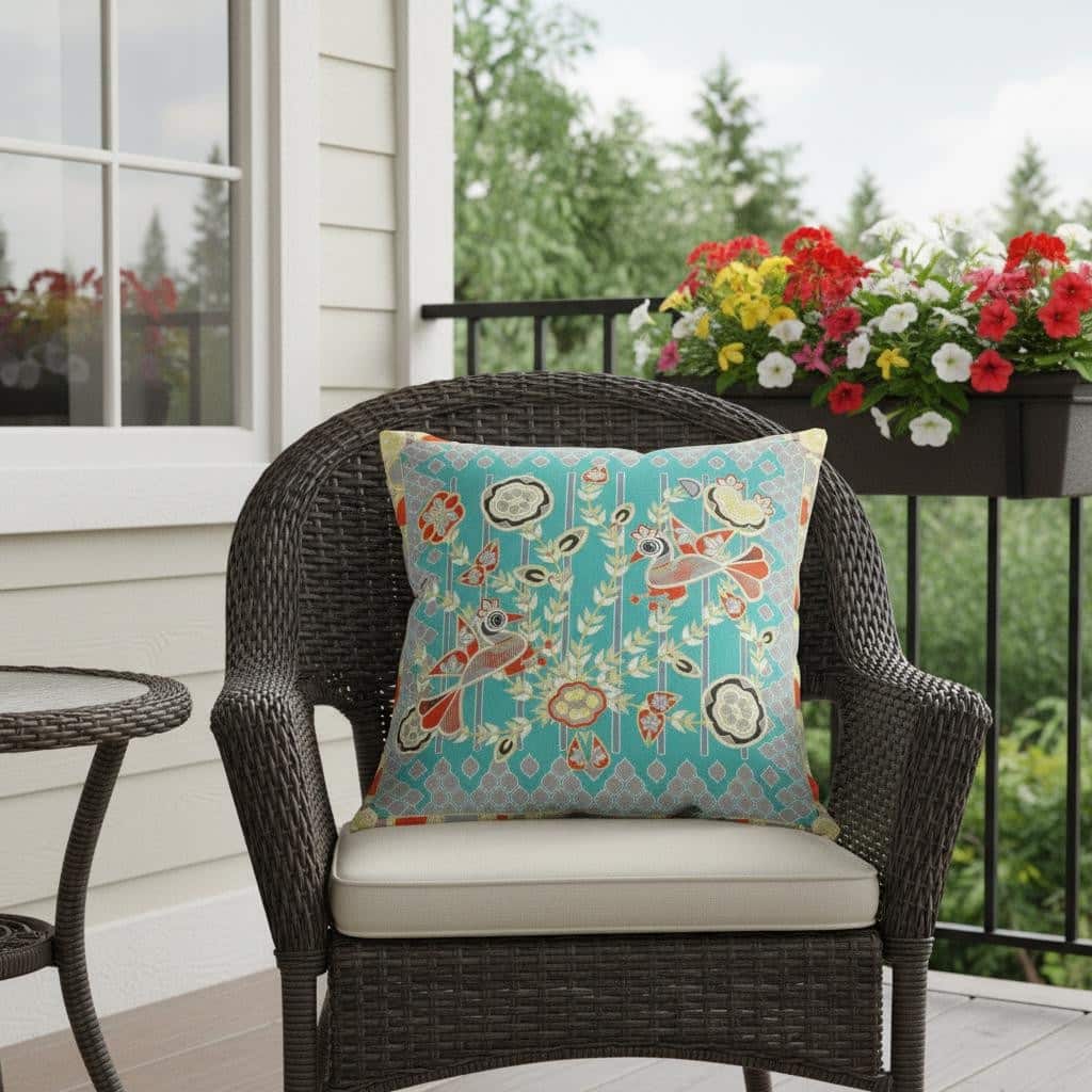 HomeRoots 20" x 20" Light Blue Peacock Blown Seam Floral Indoor Outdoor Throw Pillow - 20.00' X '5.00' X '20.00