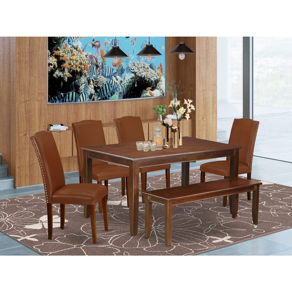 HomeStock 6-Piece Rectangle Mahogany Finish Solid Wood Top Dining Table with 1 Bench, 4 Chairs with Slat Back