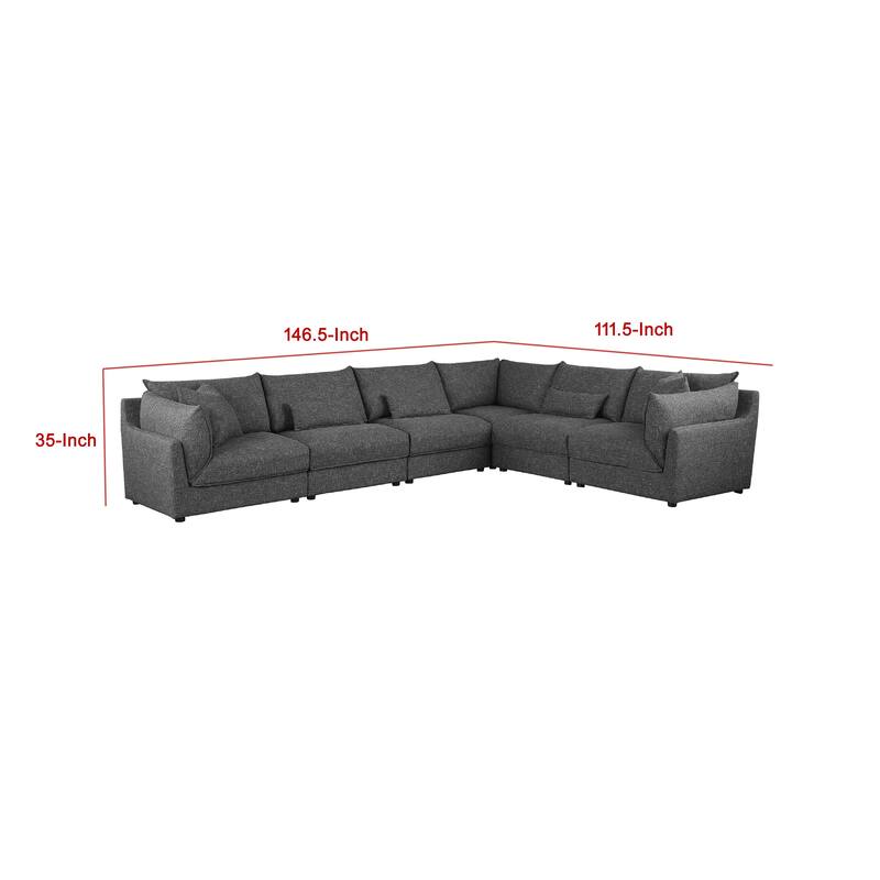 Ash 6 Piece Modular Sectional Sofa Set, L Shape, Black, 5 Pillows